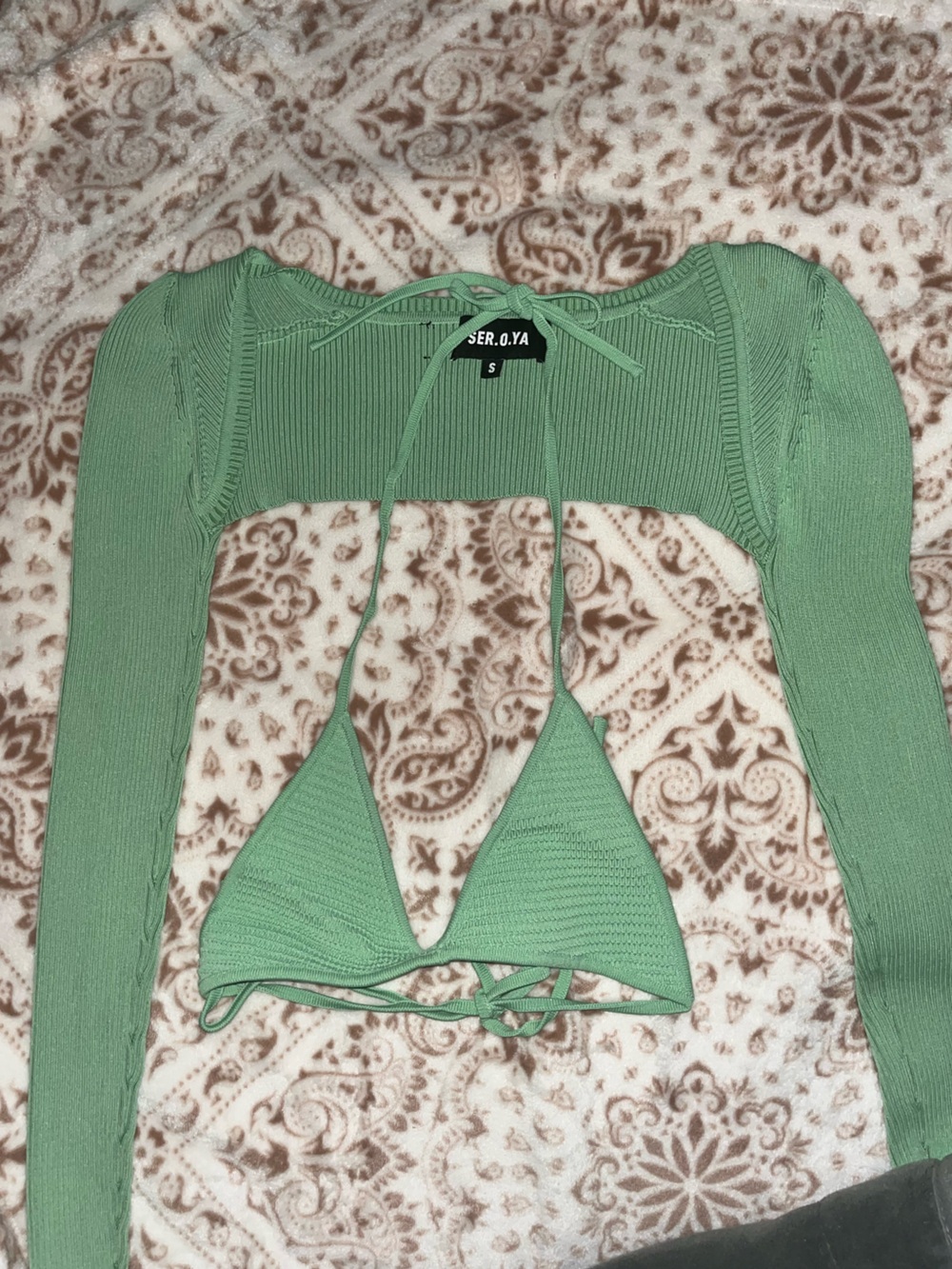 SER.O.YA Sage Green Knit Tie-Front Crop Top